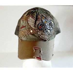 Fluer De Lis Women's Cap Trucker Snapback Green Red Trim Echo Distressed